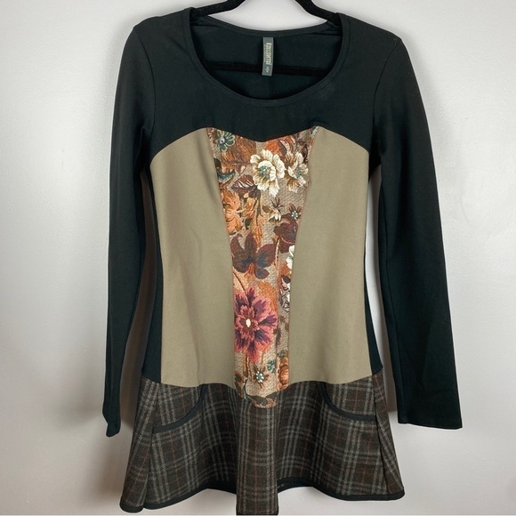Kollontai Marly Floral Plaid Mixed Print Long Sleeve Tunic Top Medium Black Tan - Picture 3 of 9